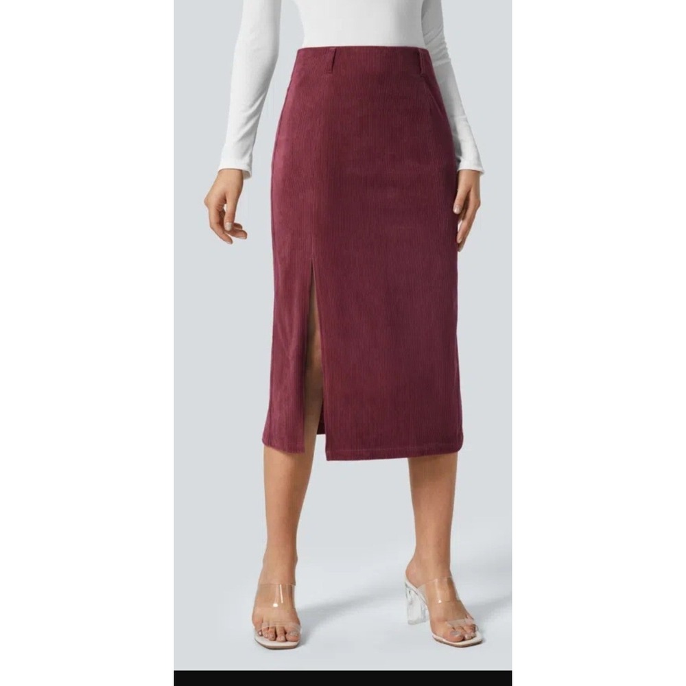AuraCord Burgundy High Waisted Corduroy Midi Skirt withโ Front Slit Ribbed Wine